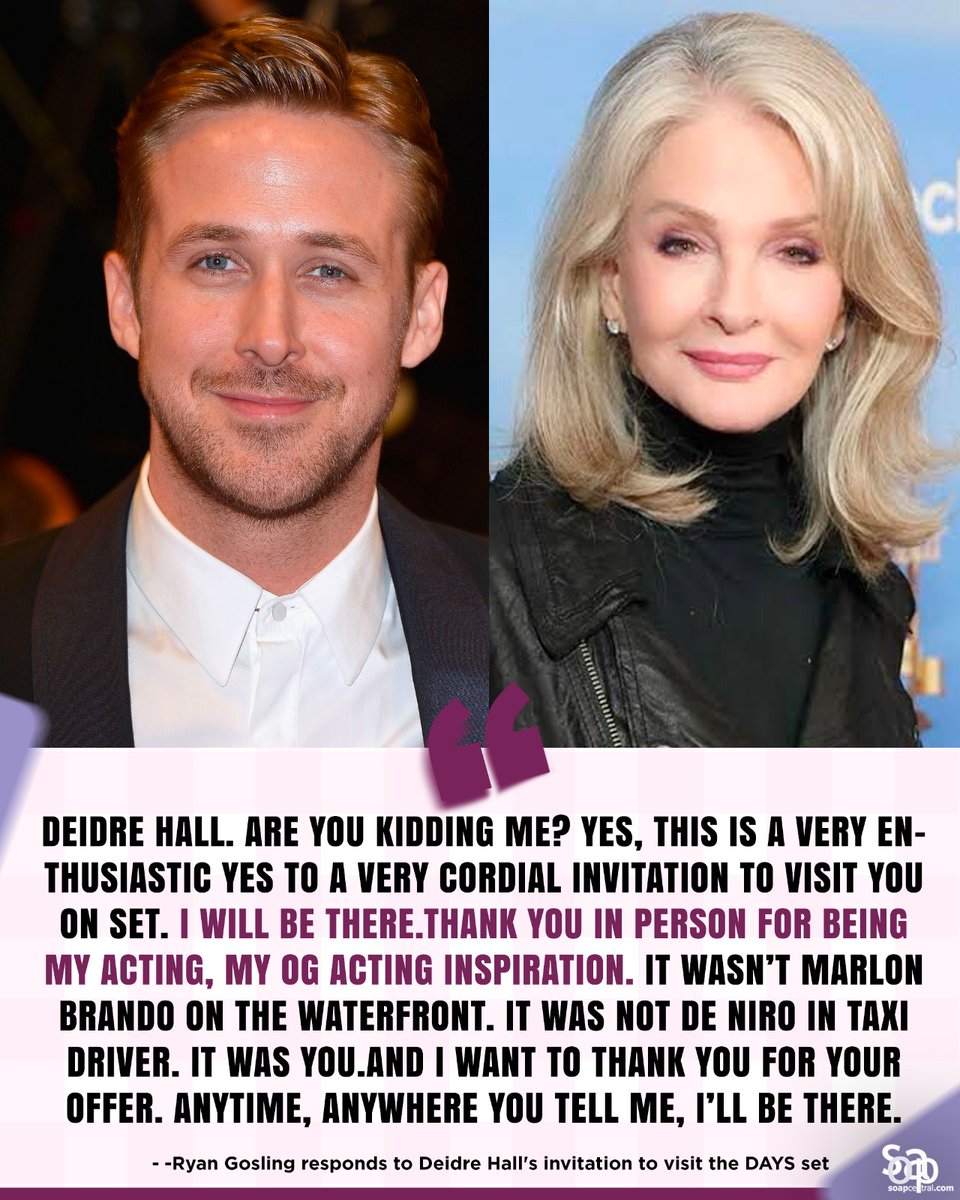 soapcentral's tweet photo. Ryan Gosling showed love to Deidre Hall, calling her his “OG acting inspiration” and happily accepting her invite to visit the Days of Our Lives set. 🎬❤️ https://t.co/8rHTnf92W5