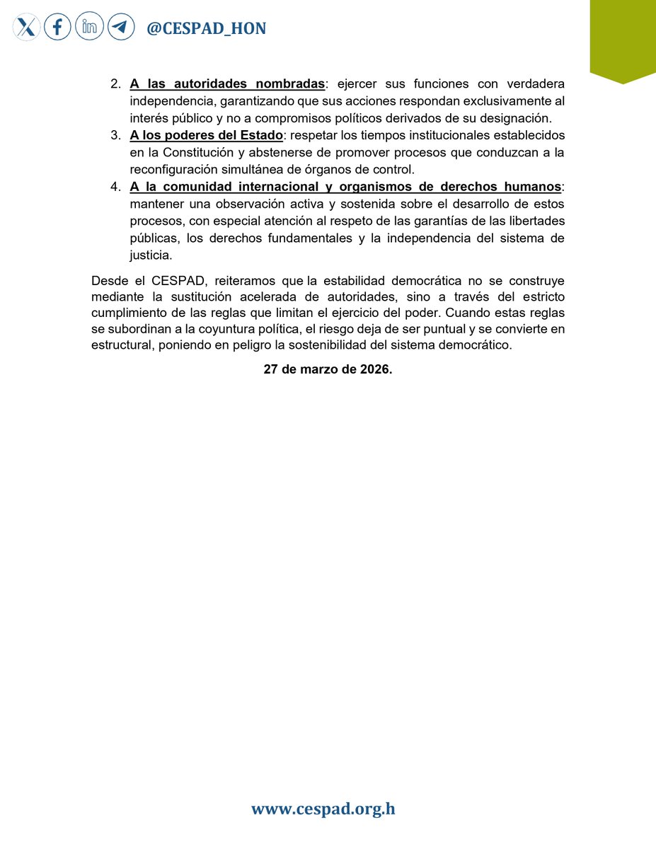 CESPAD_HONDURAS's tweet photo. 🔴POSICIONAMIENTO🔴 Sobre el juicio político, reconfiguración del poder y riesgos estructurales para el Estado de derecho en Honduras
Lee el pronunciamiento completo aquí:
https://t.co/a16L9bfqIk
#CESPAD #HONDURAS https://t.co/e4fWai4xmz