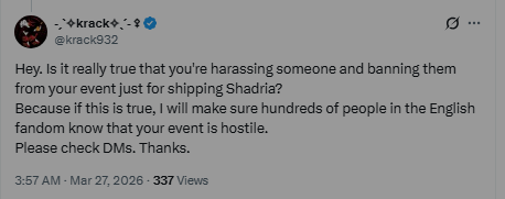Sugar_Spice_Art's tweet photo. @krack932 literally out here threatening people who dont ship #shadaria. events though the OP had no negative stance on the shit. https://t.co/f0eYipee5d