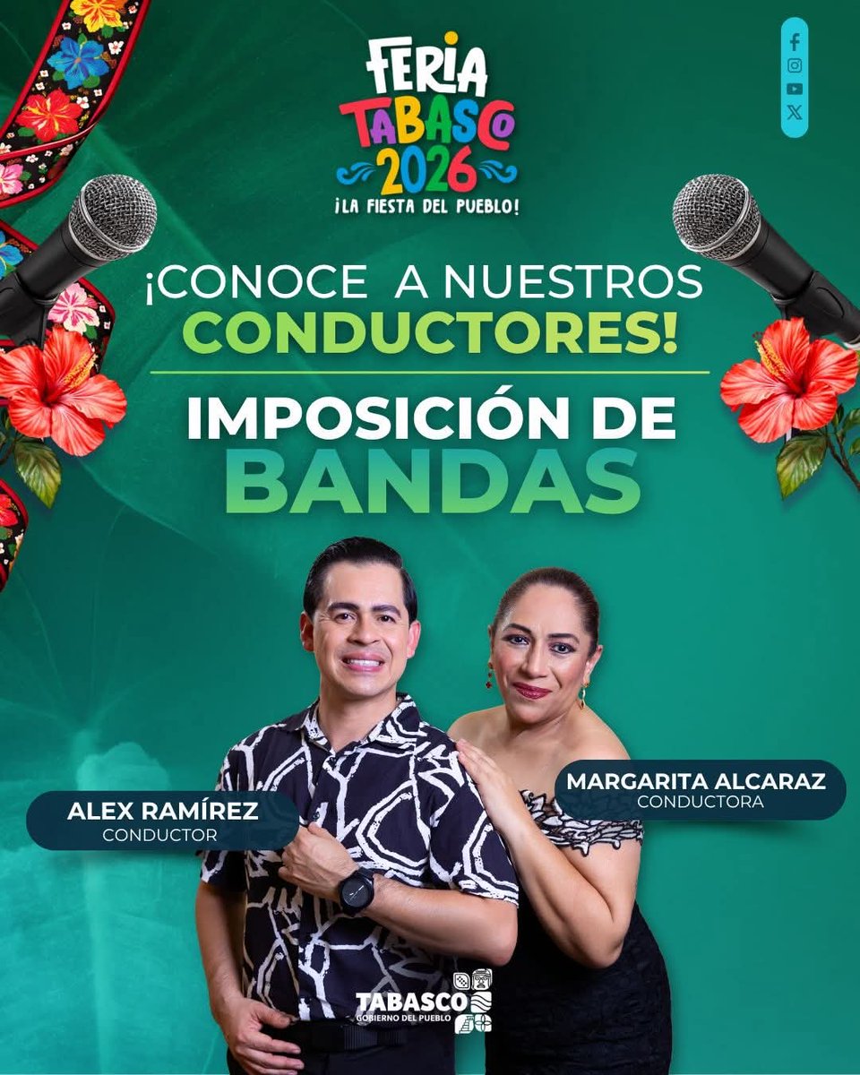 FlorTabasco2026's tweet photo. 🎤✨ Ellos serán las voces de una noche inolvidable🌺

Con carisma, experiencia y ese toque que conecta con el corazón del pueblo, nuestros conductores serán los encargados de guiar esta gran celebración🙌 @AlexRamirezYeah | @Margaritalcaraz

#FeriaTabasco2026 #ImposiciondeBandas https://t.co/2yaMsX2Mbc