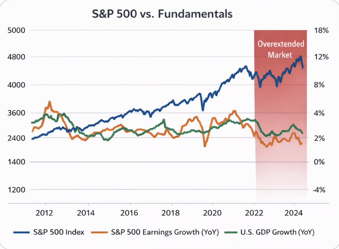 🚨 S&amp;P 500 Overextended – Fundamentals Speak

•Earnings growth slowing 
•P/E ratio at 30-year highs 
•S&amp;P 500 vs GDP: market outpacing economy
•Profit margins peaking &amp; costs rising 

Markets look expensive; caution warranted ⚠️

#SP500 #Valuation #Investing #Macro
