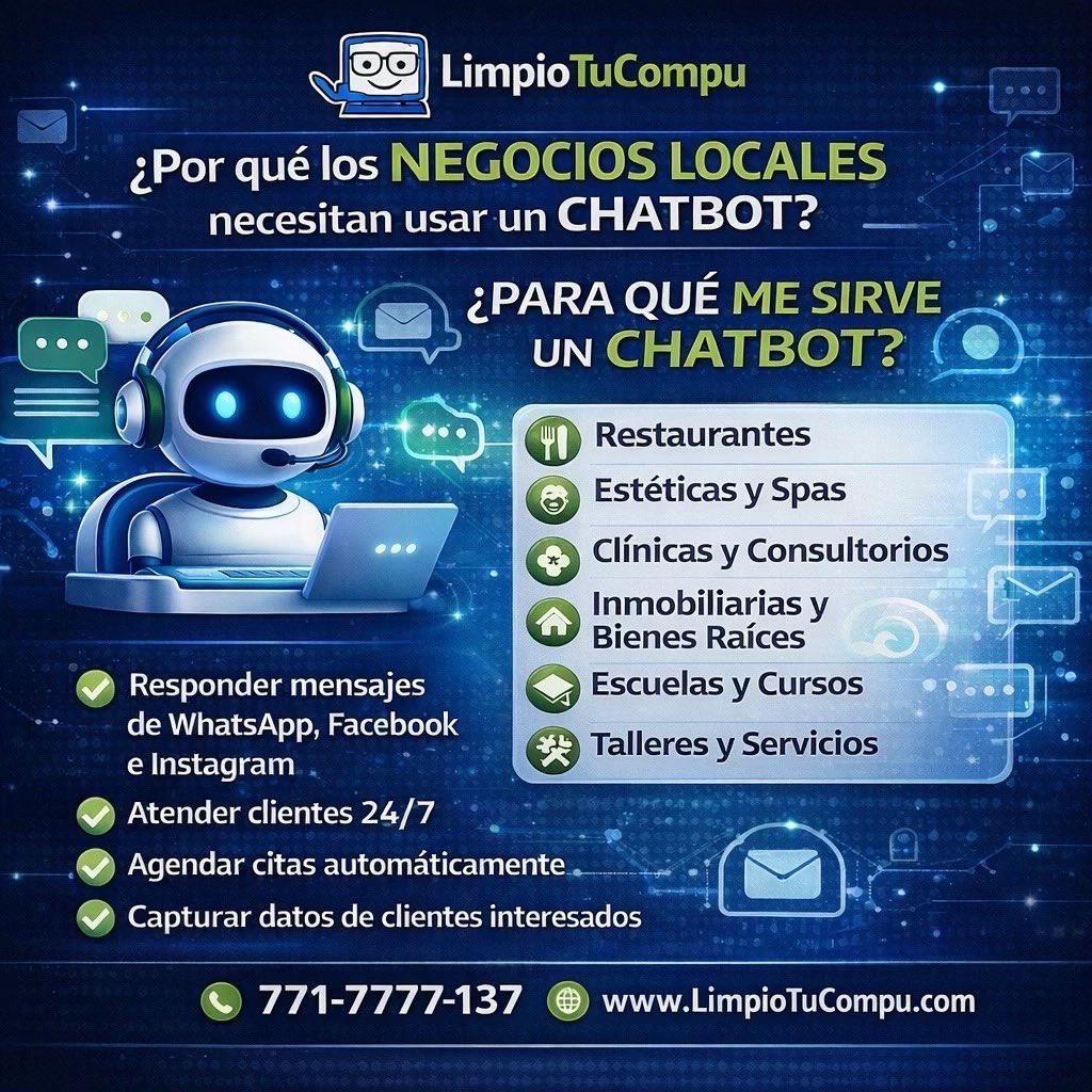 limpiotucompu's tweet photo. Muchos negocios pierden clientes por algo muy simple:
❌ No responder mensajes a tiempo

Hoy eso ya no es necesario…

Con los chatbots de LimpioTuCompu puedes:
✔️ Responder automáticamente
✔️ Atender 24/7
✔️ Agendar citas
✔️ Generar más ventas

📞 771-7777-137
🌐 @limpiotucompu https://t.co/WloWyoO3j5