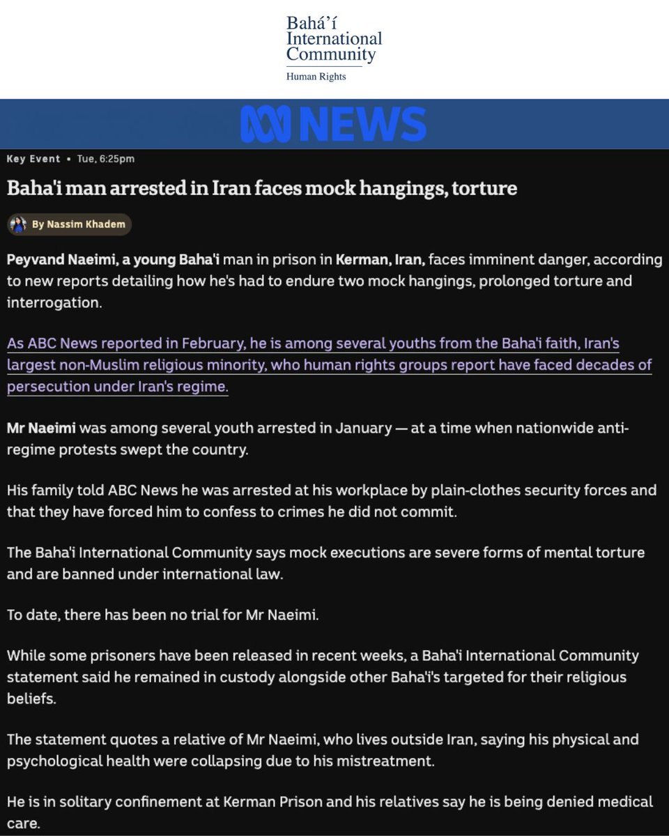 BahaiBIC_Rights's tweet image. #PeyvandNaimi faces imminent danger after enduring two mock hangings, prolonged torture, and interrogation, as Iranian authorities attempt to force him to confess to crimes he did not commit.

@abcnews has spoken out about Peyvand Naimi, with reporter @NassimKhadem, recounting