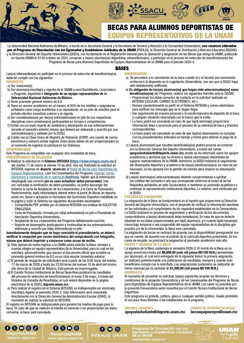 #ComunidadUNAM Convocatoria abierta: Beca para Alumnos Deportistas de Equipos Representativos de la UNAM 2026-2 
📲 Consulta las bases en nuestro portal: becarios.unam.mx/Portal2018/?pa…
🔗 Registro Integra: integra.unam.mx 
🔗deporte.unam.mx/index.php/becas