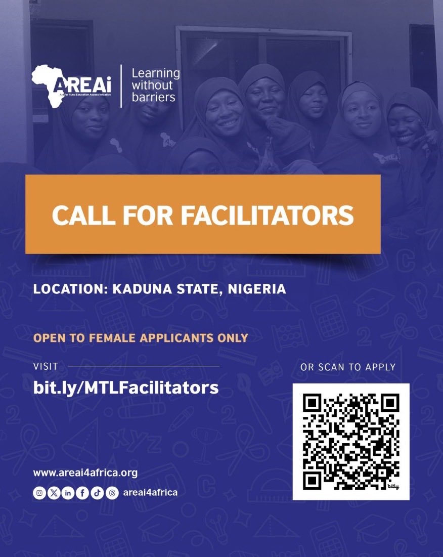 EemanBintSulaym's tweet photo. AREAi is inviting passionate and dedicated female educators to join our Mobile Technical Literacy (MTL) Program, equipping girls with essential digital and technical skills for the future.

Location: Kaduna State, Nigeria

Application Deadline: 9th of April, 2026

Eligibility: Open to female applicants with relevant teaching/facilitation experience and an interest in digital or technical literacy.

For more information, visit: https://t.co/enjc2kt8YK

Apply here: https://t.co/d6JuauIGbf