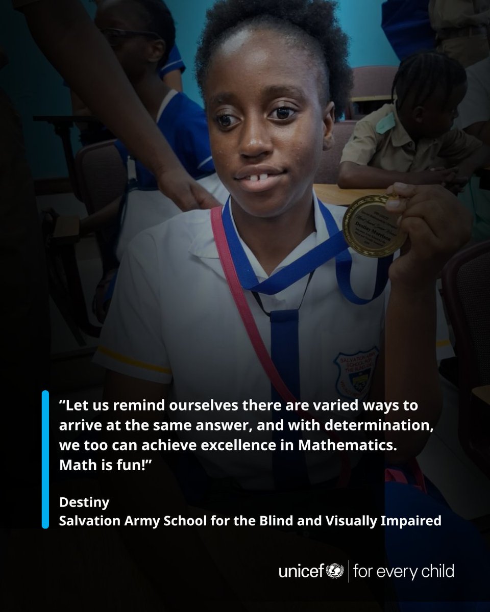 UNICEFJamaica's tweet photo. Celebrating the champions of the inaugural Special Math Olympiad hosted by @UWImona Faculty of Science & Technology & UNICEF under the EMยฒ Project!
For the 1st time, students with disabilities competed, proving talent thrives when opportunities are inclusive.
#MathsForAll #EM2 https://t.co/m8EK68yG3E