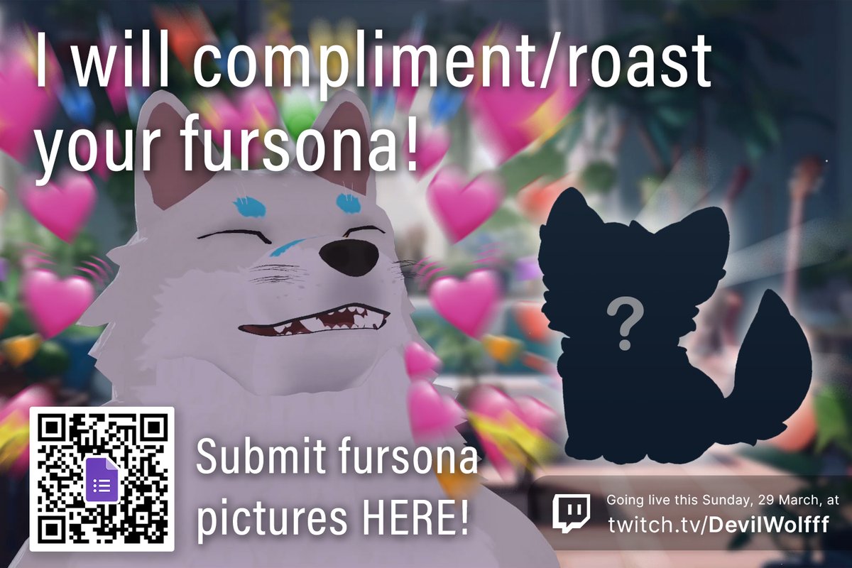 DevilWolfff's tweet photo. I want to do compliment/roast your sona on stream, so now it's here XD ✨ Submit yours below!

The stream starts at 7 pm SGT, 6 pm GMT+7 tomorrow! https://t.co/JzlkmqOt76