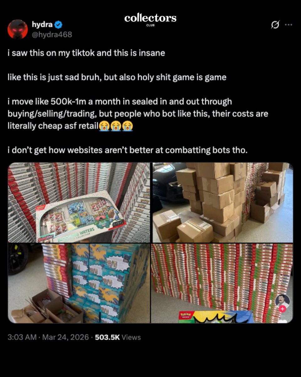 CollectorsClubX's tweet image. BOTTERS: Are They Ruining The Hobby? What Are They Doing with All the Boxes? Would YOU Buy from a BOTTER? We’d really like to know your thoughts because these guys are hoarding product and not sure what they are doing with it….#bots #pokemoncards #sealedproduct
