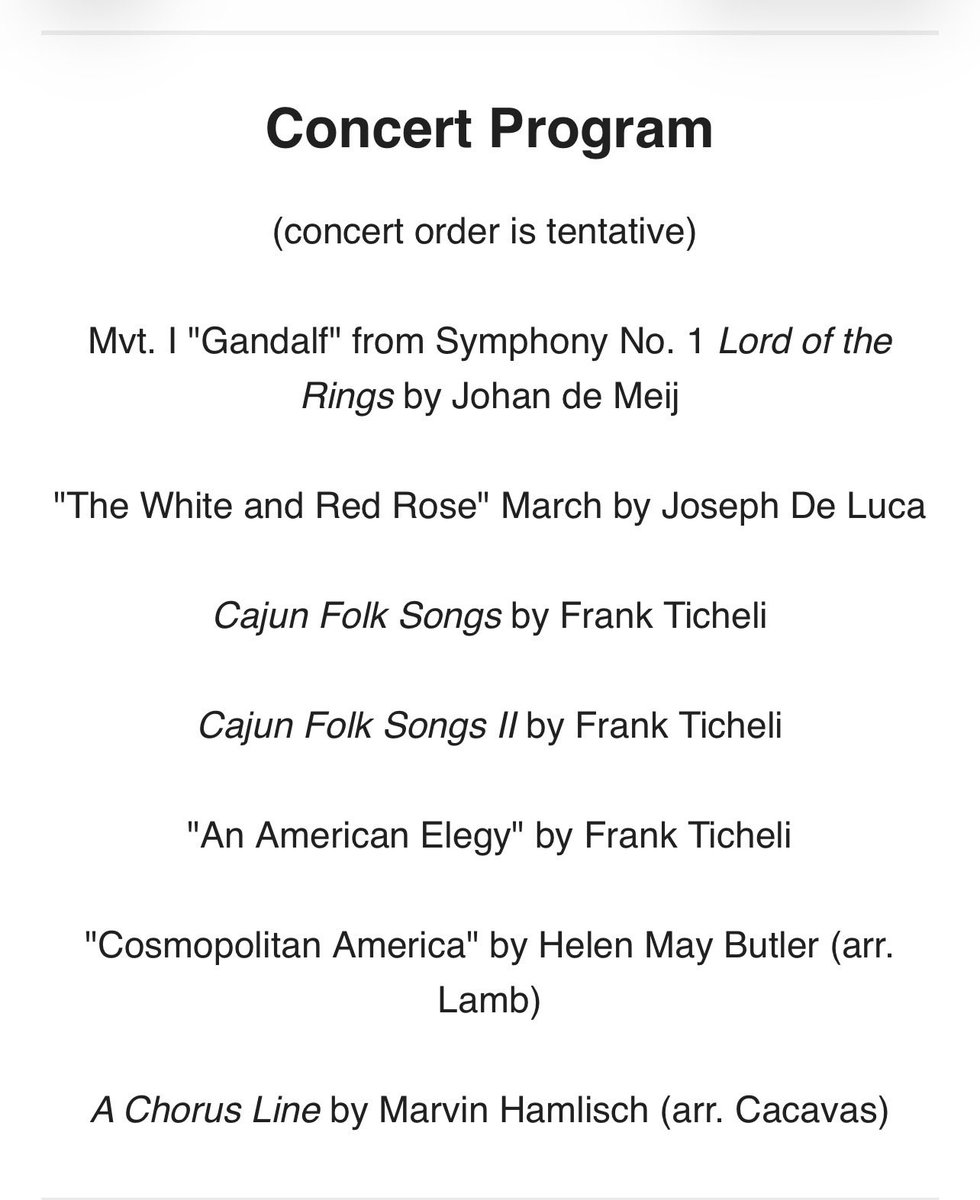 So, to wrap up what we’re playing at our free concert, Sunday evening at 6pm, here’s everything we’re performing. Come out and enjoy some great music!

6648 Milneburg Road, Performing Arts Center, the University of New Orleans. Hope to see you in that number!
