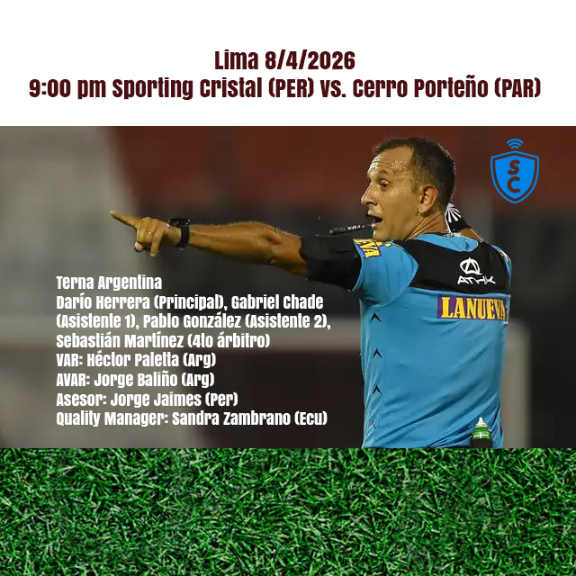 YA JUEGAN FUERA DE LA CANCHA. Se confirmó la terna argentina que dirigirá el primer encuentro del Sporting Cristal contra Cerro Porteño, por la Fase de Grupos de la CONMEBOL Libertadores, la que será encabezada por polémico árbitro Darío Herrera.
#sportingcristal #libertadores