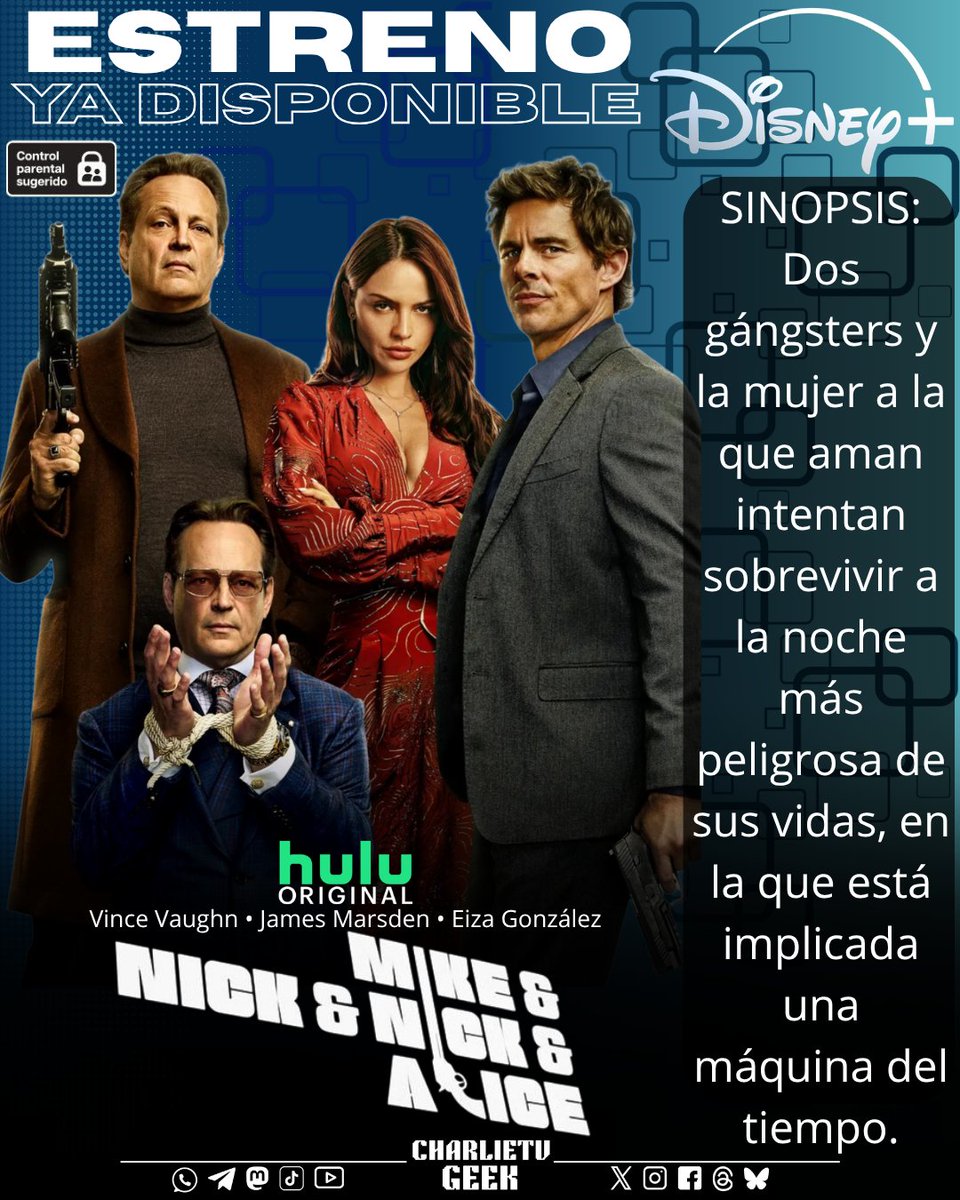 #BreakingNews 

#DelCineADisneyPlus presenta:
La comedia de acción original para adultos protagonizada por Vince Vaughn, James Marsden y Eiza González, "Mike y Nick y Nick y Alice" ya se encuentra disponible en #DisneyPlusLA.

#HuluOnDisneyPlus
#MikeAndNickAndNickAndAlice
