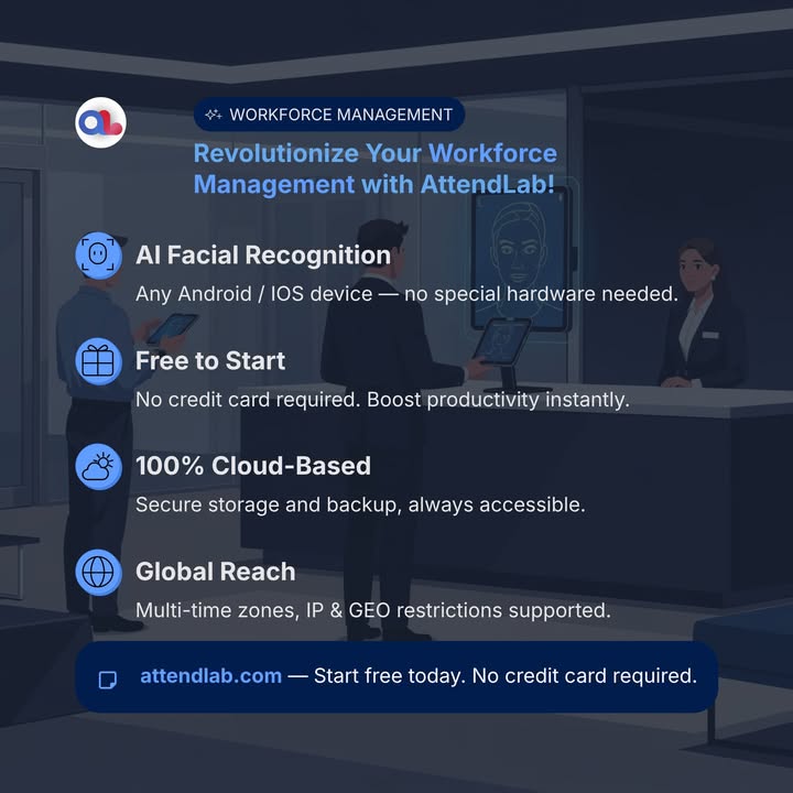 AttendLab's tweet photo. 🚀 Revolutionize Your Workforce Management with AttendLab

👉 Start now for FREE:
https://t.co/ex1e9BiHBj

#AttendLab #WorkforceManagement #HRTech #AI #FacialRecognition #CloudSoftware #Productivity #BusinessTools #HayaSolutions https://t.co/jJXdf14CMm