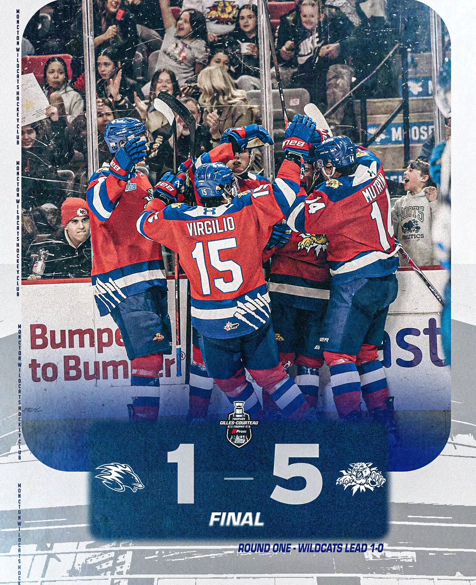 MonctonWildcast's tweet photo. Game One - Game WON!
Next - Game 2 vs Sea Dogs Tomorrow
โญ๏ธโญ๏ธโญ๏ธ - G. Smith (1G-1A)
โญ๏ธโญ๏ธ - T. Mutryn (1G-2A)
โญ๏ธ - G.Cornforth (3G)
#DefendTheDen #Wildcats30th #MONvsSJ #BeatSeaDogs #ForTheGlory #RepeatTheRoar #QMJHLPlayoff
๐ธ - @DanielStLouis https://t.co/lpD64h1plu
