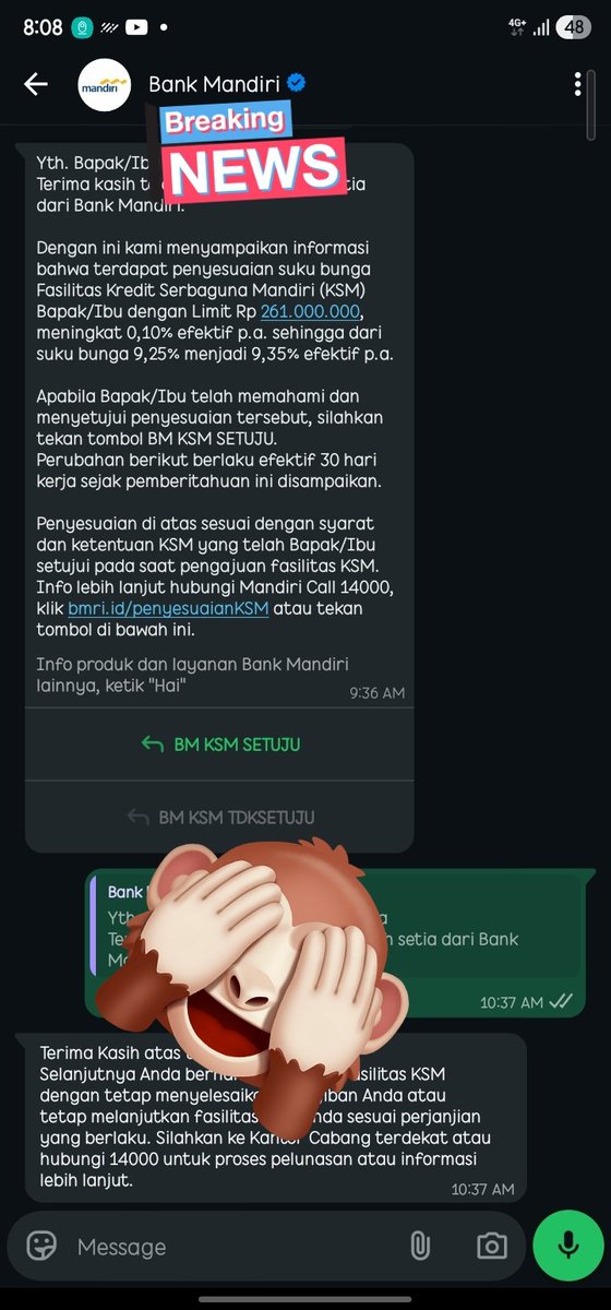 Nisbilaaa's tweet photo. Ada yang dapat wa blast dari mandiri seperti ini ? 
Mau minta pendapatnya dong..
Saya adl Nasabah KSM Mandiri, dan selama waktu berjalan saya disiplin membayar tagihan. Kalau bagi yang belum tahu, KSM itu adalah kredit pinjam dana yang sepengetahuan saya sifatnya FLAT, next... https://t.co/WnPcoUv6tD