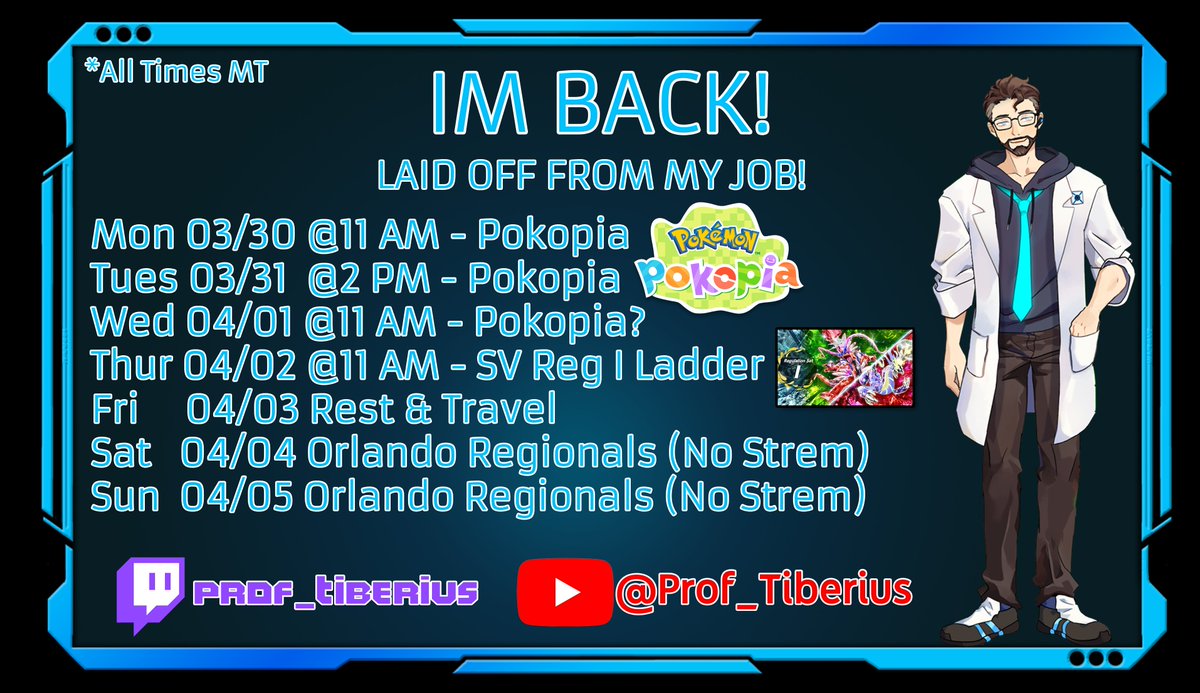 Prof_Tiberius's tweet photo. Good News Everyone! 

I've been laid off from my tech job just in time to no-life Pokemon Champions and start streaming again! 

Streams start again on Monday and I'll be playing Pokopia for the first time! https://t.co/LIdVKxbUwi