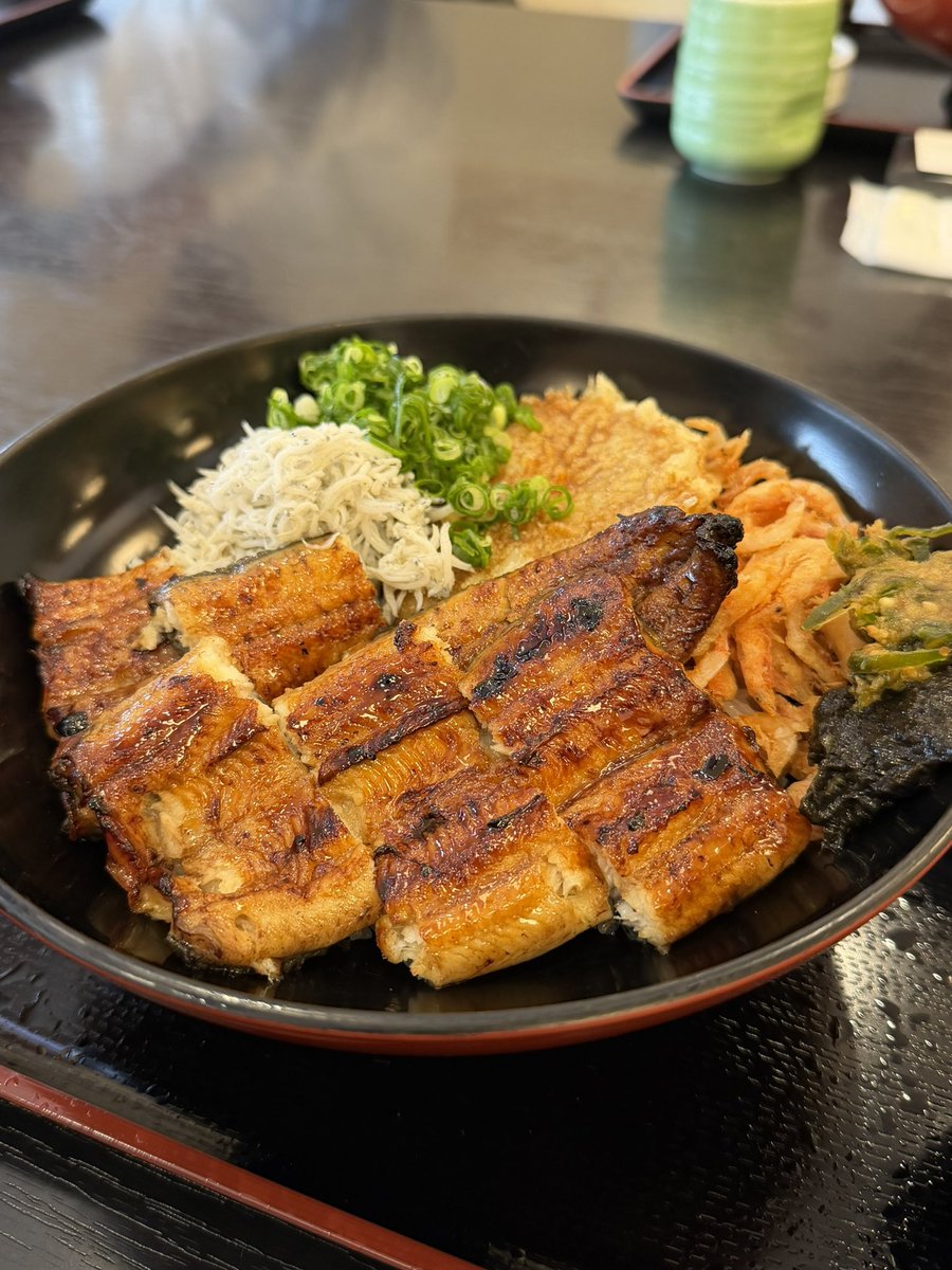 駿河丼。
うなぎ、しらす、桜エビ、そして黒はんぺんに、海苔の佃煮と伊豆味噌なる辛くて美味しいお味噌が乗った、駿河丼！
静岡（と括って良いかは悩むけど）の魅力が詰まった丼でした。
昆布茶でお茶漬けにして味変したので完食。