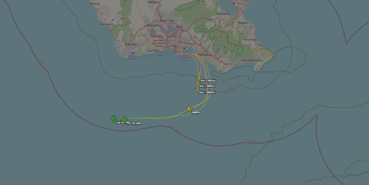 AUX_OSINT's tweet photo. 3x KC-135R/T out of Hickam AFB (PHNL) with 4x fighters PINE11-14. Meeting up with tankers likely out of Andersen AFB (PGUA).
#AE037A - 63-7993 - KICK42
#AE0422 - 59-1499 - KICK43?
#A756EB - N572MA - SWB99 (civilian operated)
? - KICK45 https://t.co/vc6MPnjkDQ