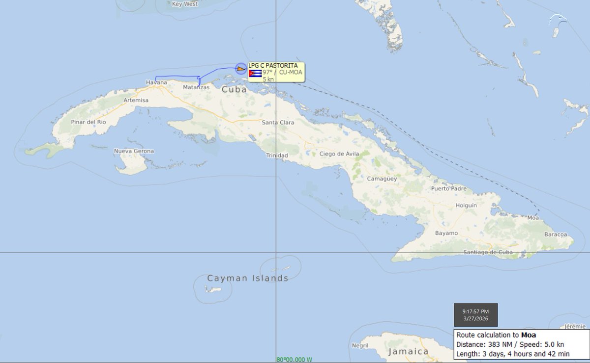 FlconEYES's tweet image. PASTORITA 9034729
LPG Tanker

#Matanzas-#Moa 

#Now #Cuba #AIS #cubarcos #27Mar