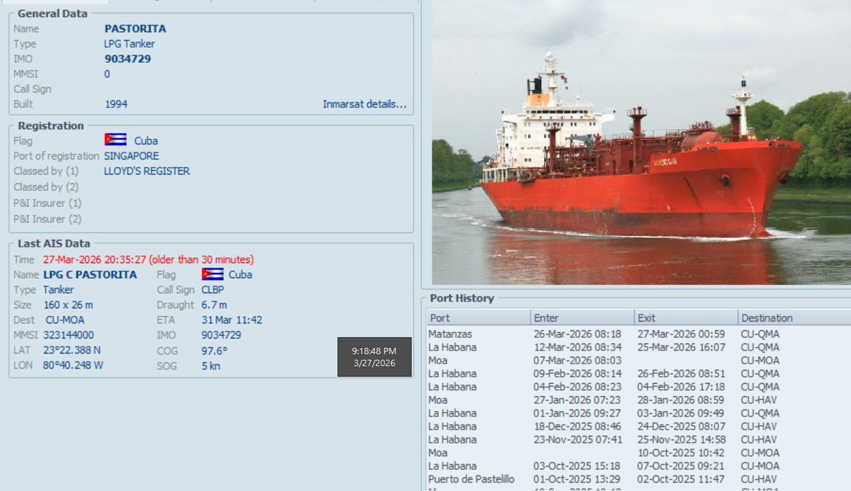FlconEYES's tweet image. PASTORITA 9034729
LPG Tanker

#Matanzas-#Moa 

#Now #Cuba #AIS #cubarcos #27Mar