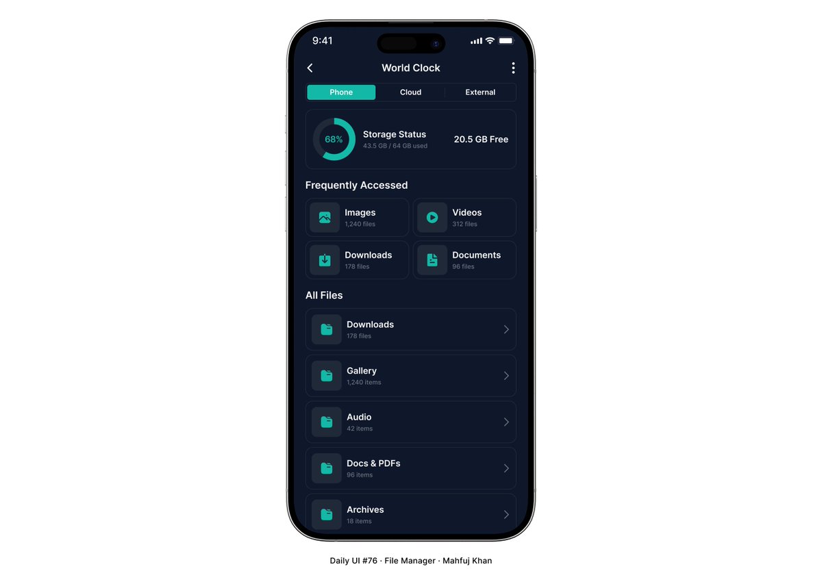 Mahfujkn's tweet photo. DailyUI Day 76 📁

File Manager design focused on storage transparency. Features real-time usage tracking, tabbed navigation (Phone/Cloud), and a "Frequently Accessed" grid for speed. Digital organization made simple and clean in both themes. 📊✨

#dailyui #ux #figma #DailyUI76 https://t.co/ZWUl4X1h5v