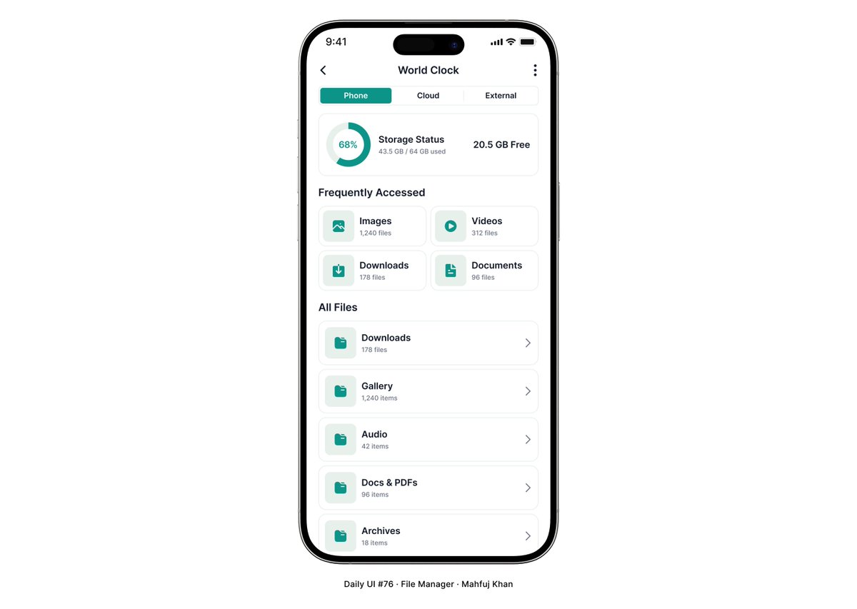 Mahfujkn's tweet photo. DailyUI Day 76 📁

File Manager design focused on storage transparency. Features real-time usage tracking, tabbed navigation (Phone/Cloud), and a "Frequently Accessed" grid for speed. Digital organization made simple and clean in both themes. 📊✨

#dailyui #ux #figma #DailyUI76 https://t.co/ZWUl4X1h5v