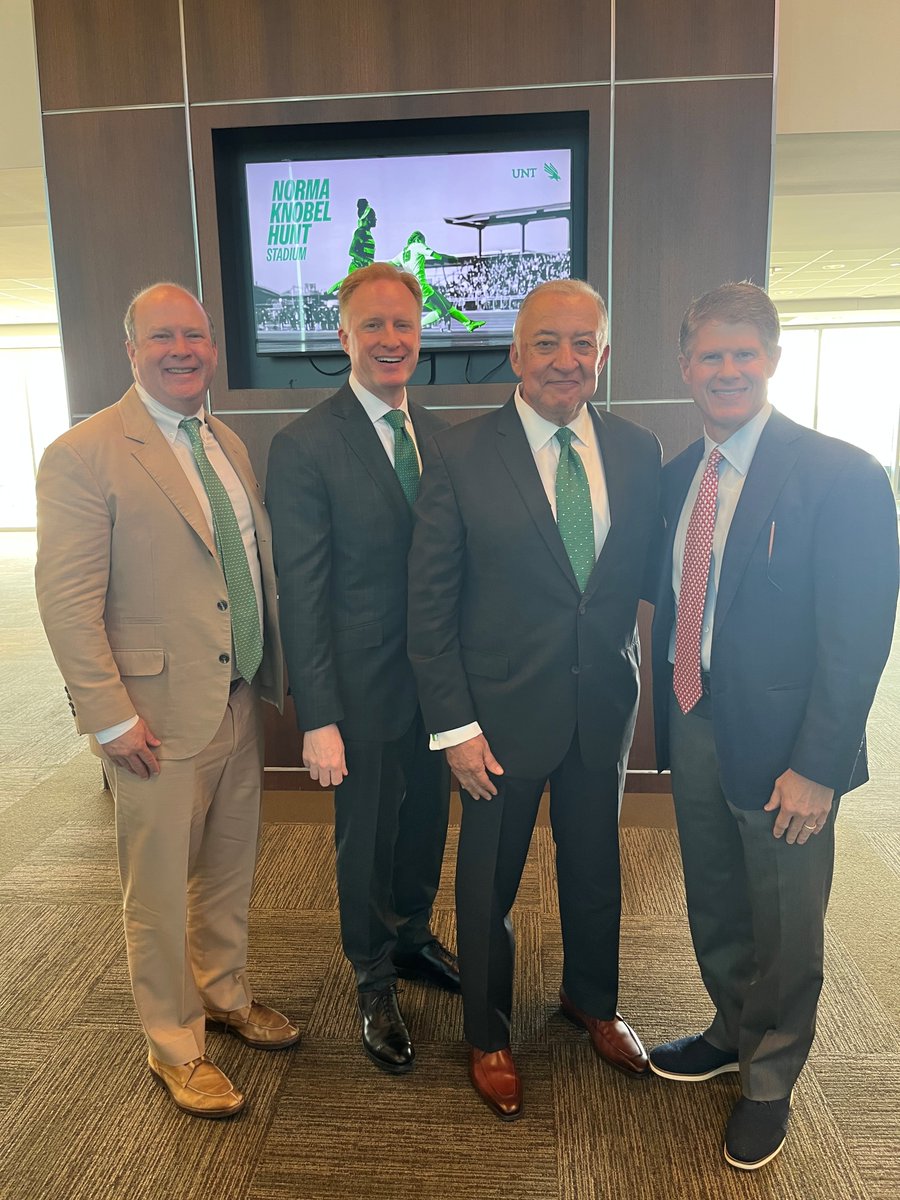 UNTPrez's tweet photo. I was grateful to spend time with the Hunt family and UNT Board of Regents Chair Carlos Munguia this week for the naming of the Norma Knobel Hunt Stadium. We were honored to have them with us on this momentous day for our Mean Green family! https://t.co/cYDv5yFdPy