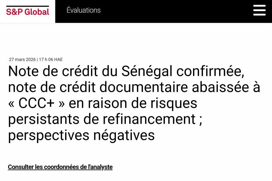 Le Sénégal encore dégradé par l'agence de notation Standar &amp; Poor's qui vient de dégrader une nouvelle fois  à la catégorie CCC+ en raison de risques majeurs de refinancement et d'un recours excessif à la dette intérieure à court terme. Nous sommes passés de «B-/B» à «CCC+/C»,