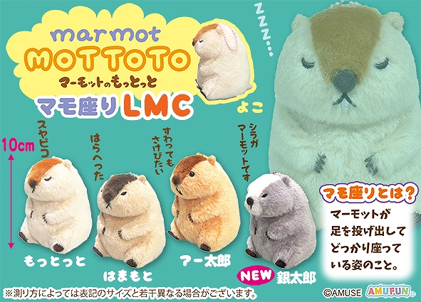 【#プライズ 情報】
「マーモットのもっとっとマモ座りLMC」が入荷！

むちむちずんぐりなフォルムが可愛いマーモットのもっとっとシリーズ。
新たな仲間、銀太郎を加えて、マモ座り姿のマスコットが登場です。

#AMUFUN #マーモットのもっとっと #ゲームプラザセントラル浦安店
