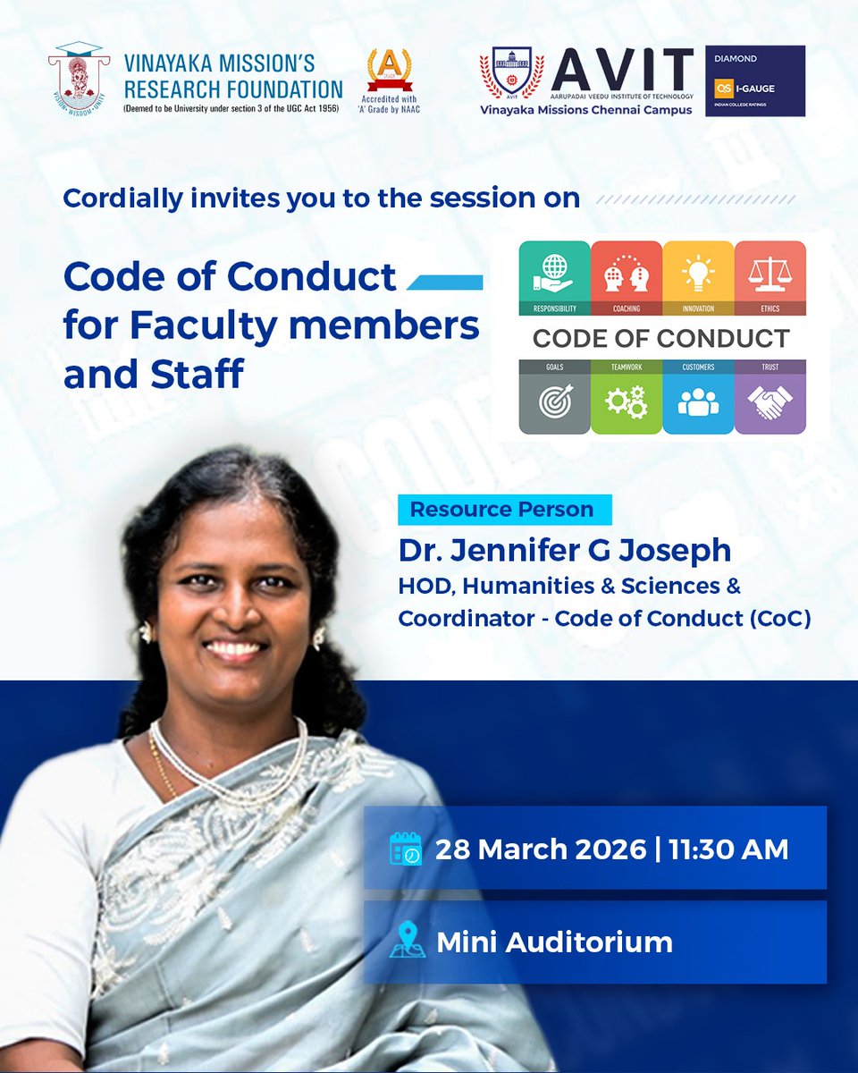 AVITChennai's tweet image. Join us for an insightful session on Code of Conduct for Faculty Members and Staff and strengthen the foundation of integrity in education.

#AVIT #CodeOfConduct #FacultyDevelopment #EthicsInEducation #ProfessionalGrowth #TeachingExcellence #AcademicIntegrity #HigherEducation