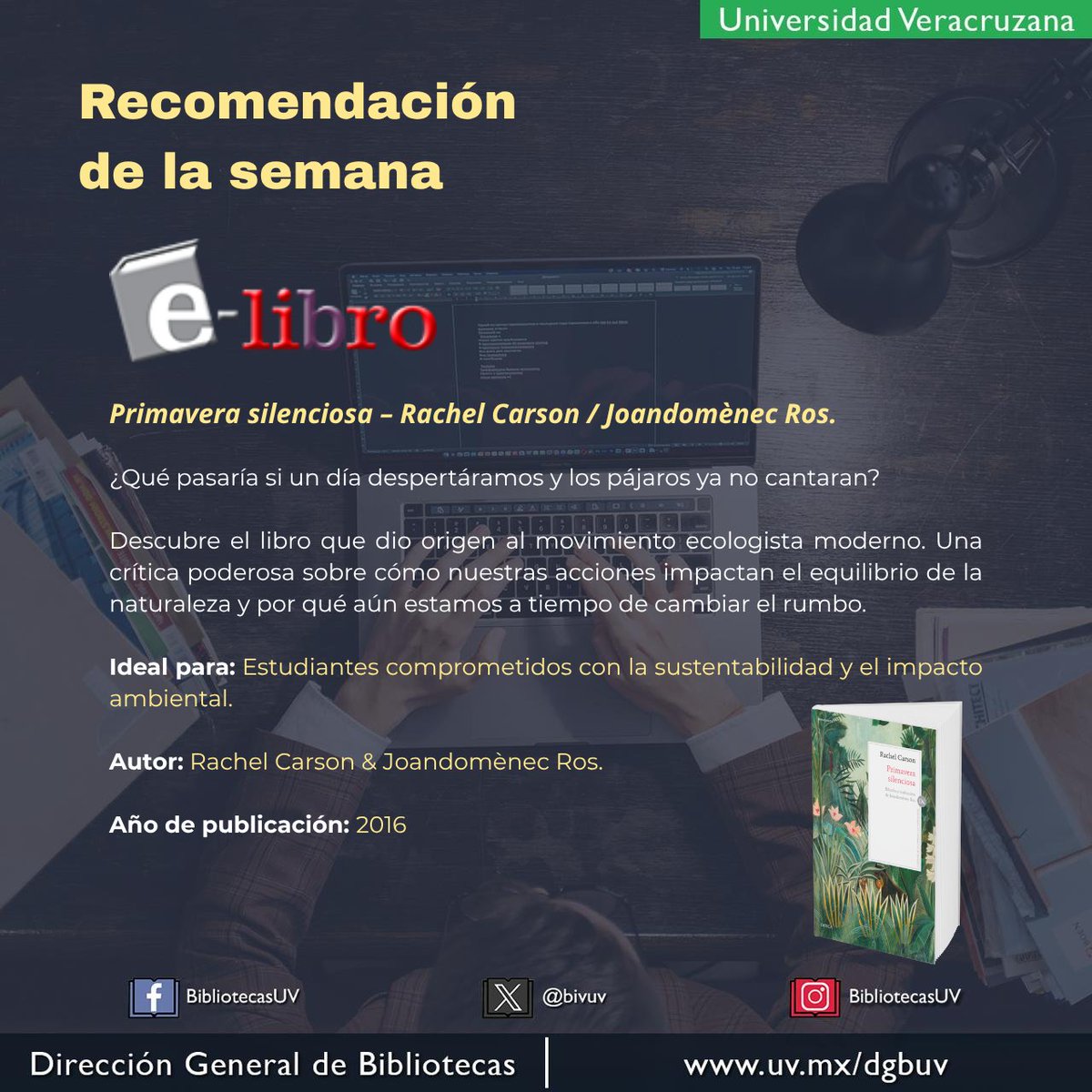 bivuv's tweet photo. 📚 Recomendación de la Semana: "Primavera silenciosa" 🌿
Descubre el libro que cambió la historia del ecologismo. #RachelCarson nos invita a reflexionar sobre nuestra huella en la naturaleza y la urgencia de actuar por la sustentabilidad.
✅ Plataforma: e-libro

#UtilizaBiV https://t.co/9i659NAH2A