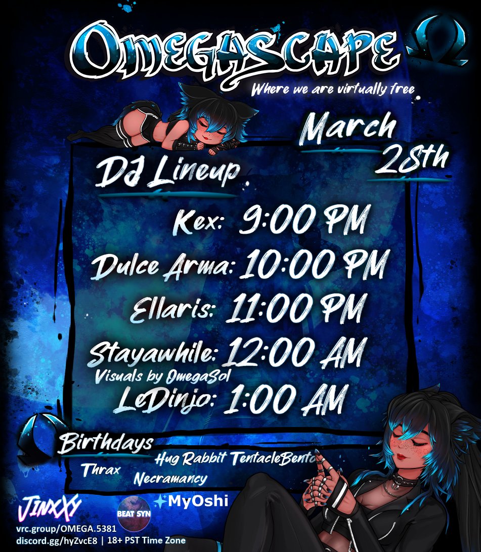 The_OmegaTV's tweet photo. We have been given the privilege in showcasing Linnea by @Nymmh !

Swing by Omegascape tomorrow and get an exclusive opportunity to try out Linnea for the weekend. Linnea has been tailored for dancers and performers in mind, but also comes with a fun rifle to snipe your friends! 💙

Click the pedestal! (Group Link in Bio)
Saturday, March 28th, 2026 8:45 PM PST 🩵
#VRChat #VRChatAvatar