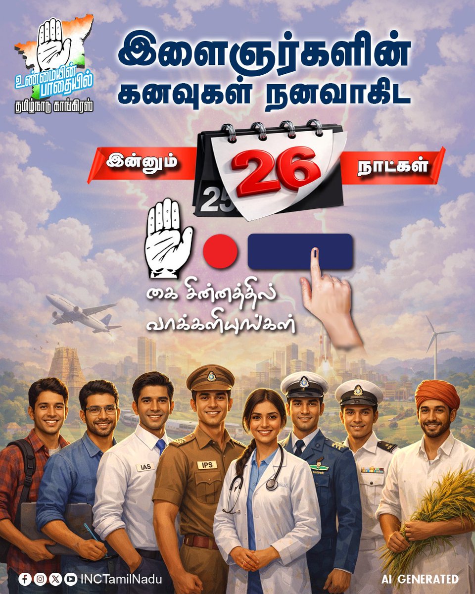 INCTamilNadu's tweet photo. இளைஞர்களின் கனவுகள் நனவாகிட…
இன்னும் 26 நாட்கள்!

"கை" ✋ சின்னத்தில் வாக்களியுங்கள்.

#INCTamilNadu
#VoteForCongress
#TamilNadu
#TNAssemblyElection2026 https://t.co/MVLDlFZldl