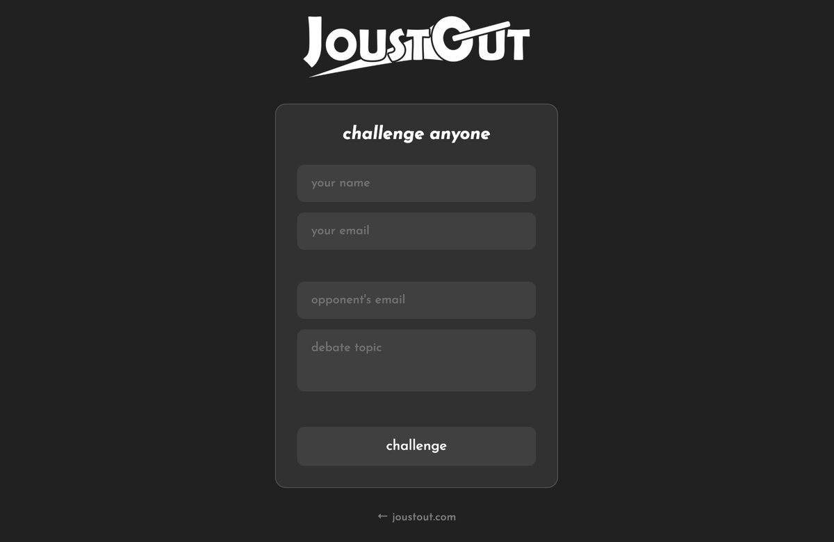 Joustout's tweet photo. ⚔️ Challenge anyone to a debate on any topic!
        . get the challenge
        . accept the duel
        . debate on-air

https://t.co/RbPARlQG1z

#debate #AI