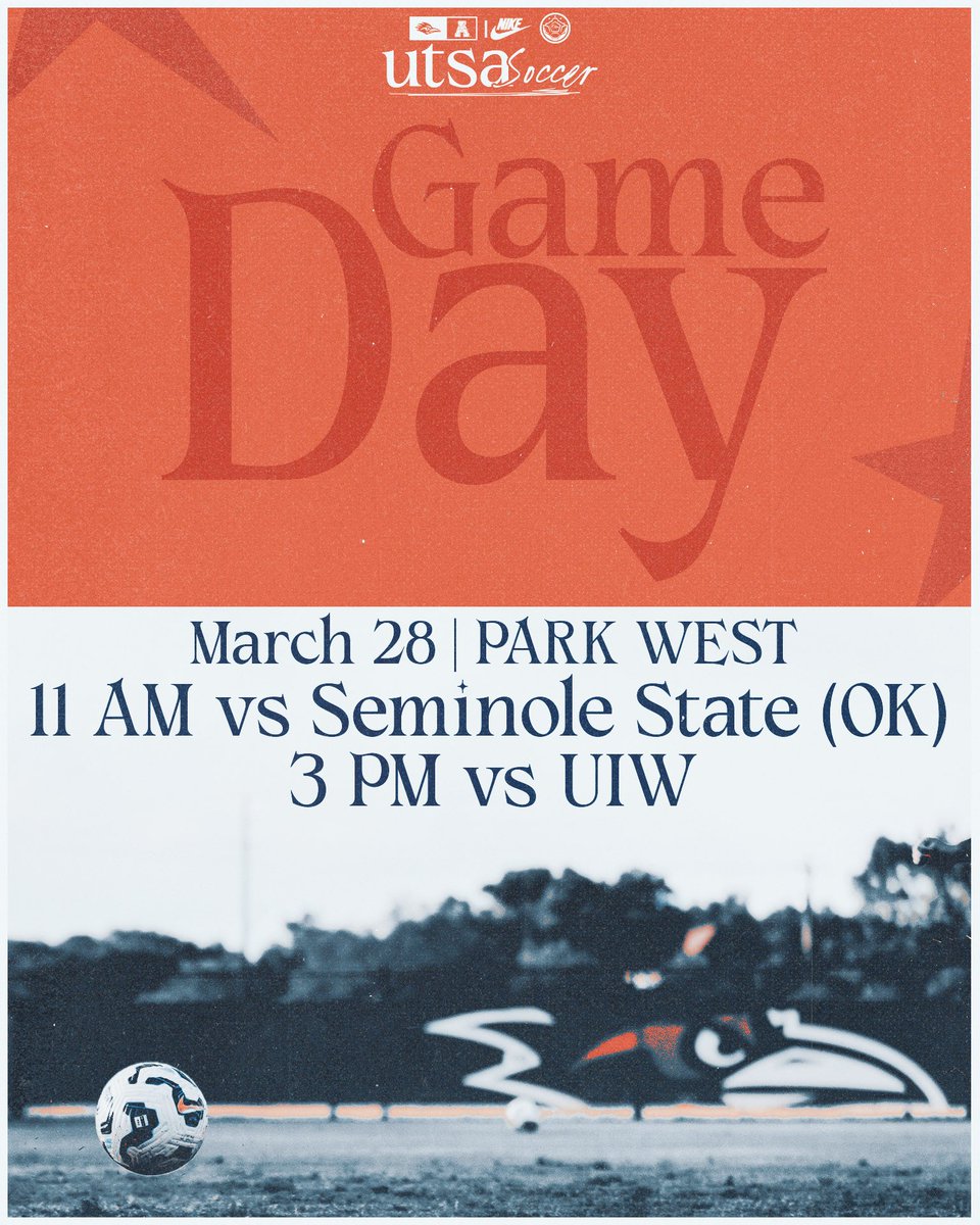 UTSAWSOC's tweet photo. March Madness: Soccer Edition

The Roadrunners are back at Park West TOMORROW, March 28th!
 ⚽️ Game 1: 11 AM UTSA vs Seminole State
⚽️ Game 2: 1 PM Seminole State vs UIW ⚽️ Game 3: 3 PM UTSA vs UIW

#BirdsUp🤙 | #UTSADNA | #LetsGo210 | #OLM https://t.co/APV0YrRN6S