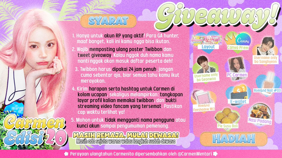⠀͏͏
📝 ᭺ Kesempatan emas bagi yang ikut merayakan gadis baru beranjak dewasa! Deretan 𝗵𝗮𝗱𝗶𝗮𝗵 sudah siap untuk dibawa pulang. Tentu dengan satu syarat sederhana, ikuti aturan yang tertera. Semoga Dewi Fortuna tersenyum padamu. ❤︎
⠀͏͏