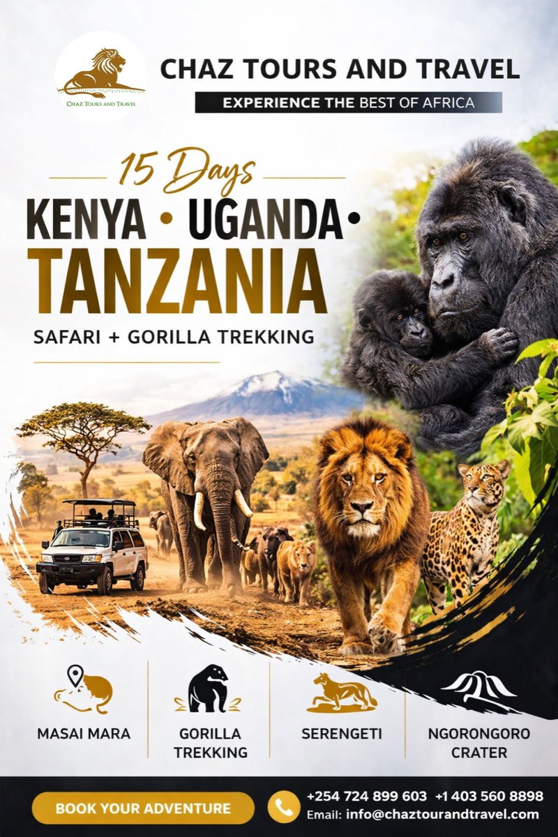 chaztours's tweet photo. 15Day Kenya, Tanzania &amp; Uganda Safari  Experience the best of East Africa. This journey takes you through world-famous national parks, breathtaking landscapes, and incredible wildlife encounters, including the Great Migration, Big Five game drives, and gorilla trekking in Uganda. https://t.co/8NQPUI9iAU