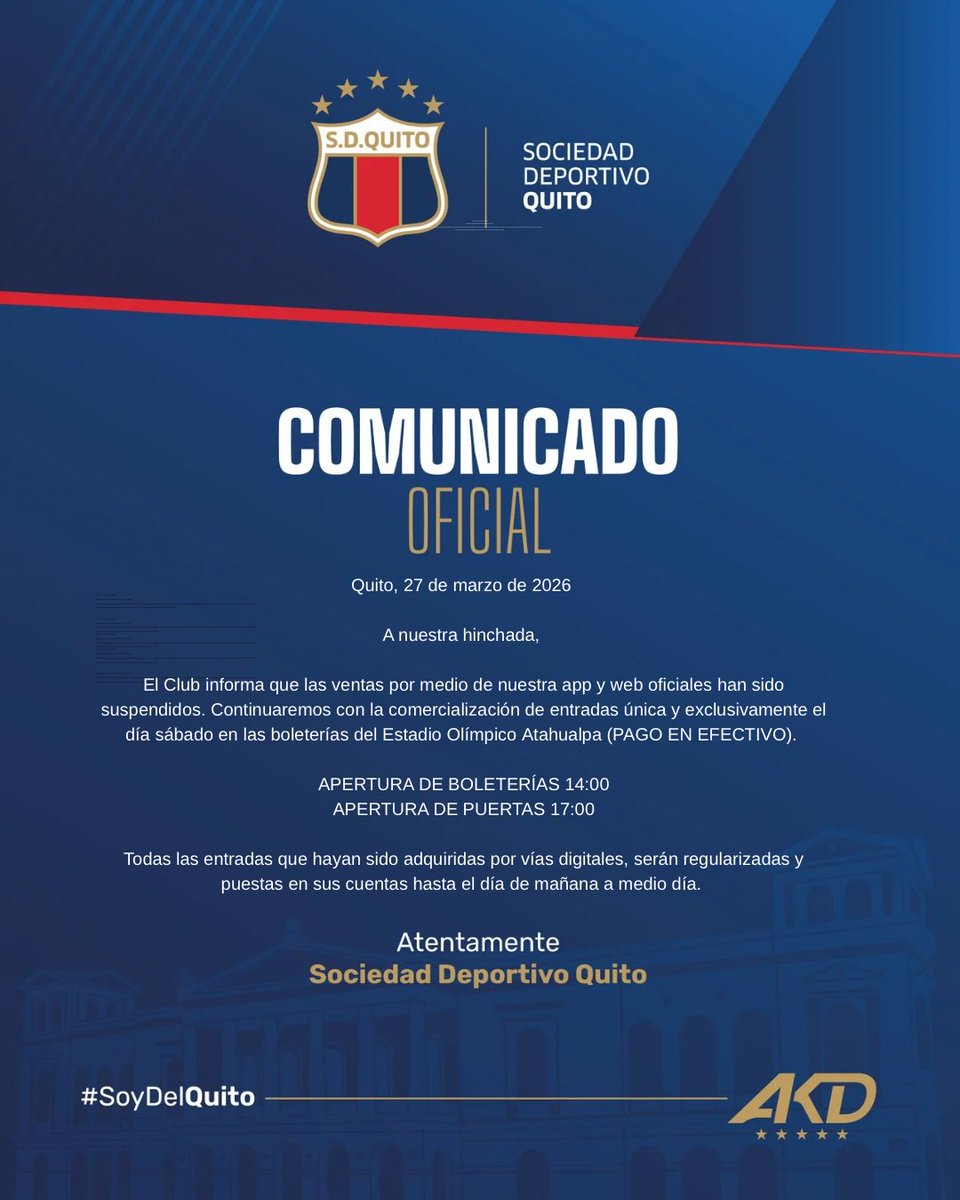 Comunicado oficial - venta de entradas Noche Azulgrana #SoyDelQuito 💙❤️