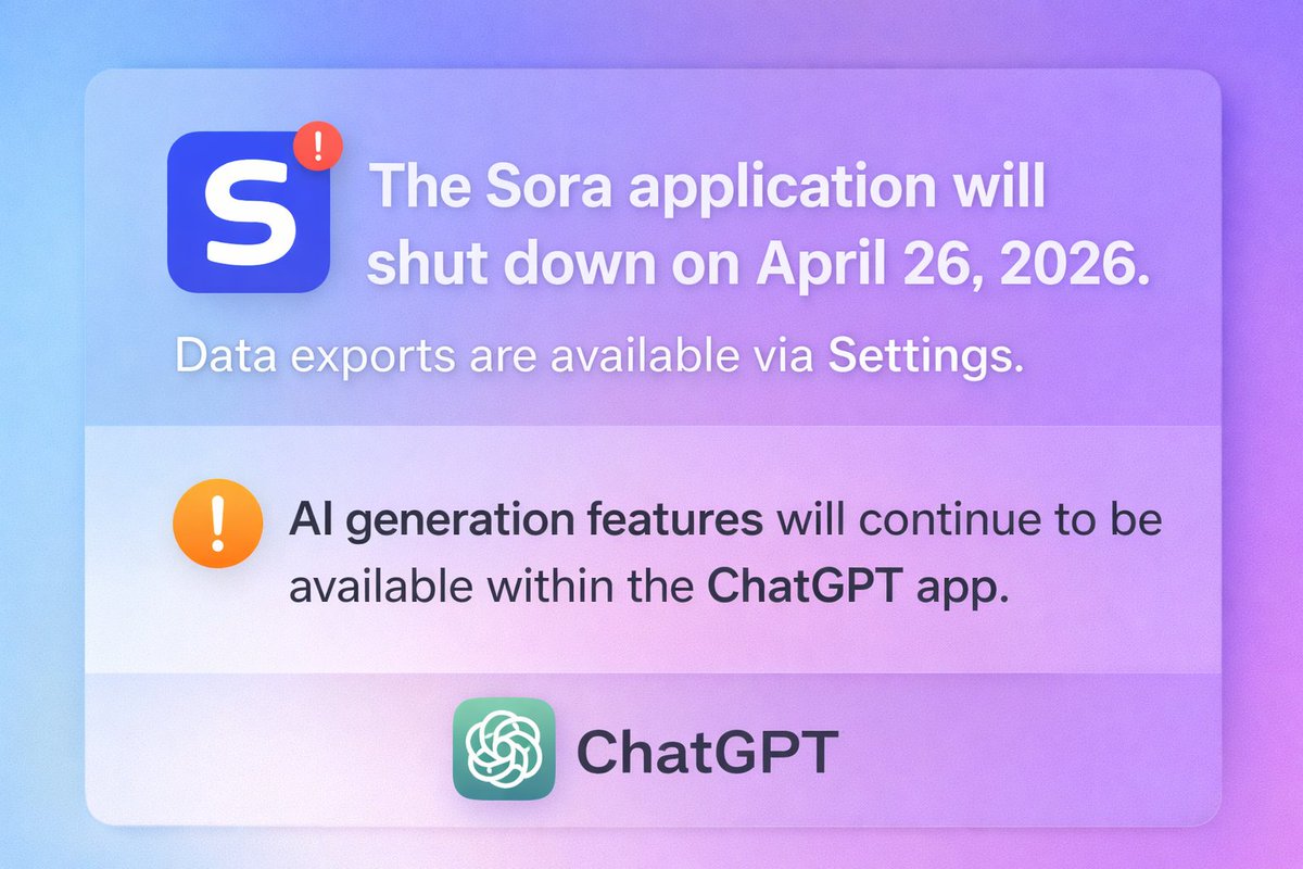 🚨🚨🚨 REMINDER 🚨🚨🚨 

The Sora application will shut down on April 26, 2026. Data exports are available via Settings.

AI generation features will continue to be available within the ChatGPT app.
