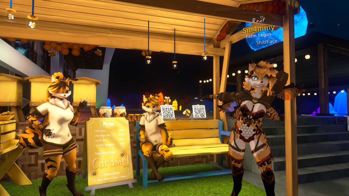 furryhideout's tweet photo. We are buzzing about this month’s booth! Created by @sm4mmy, the display features some "sticky and sweet" avatars that you won't want to miss. Head over and take a look it's all treats and no stings. 

Each month we promote an avatar Creator FOR FREEE, enjoy. 

If you are interested please contact me Via discord. 

Lt.Shadow

#VRChat #furry #FurryHideout