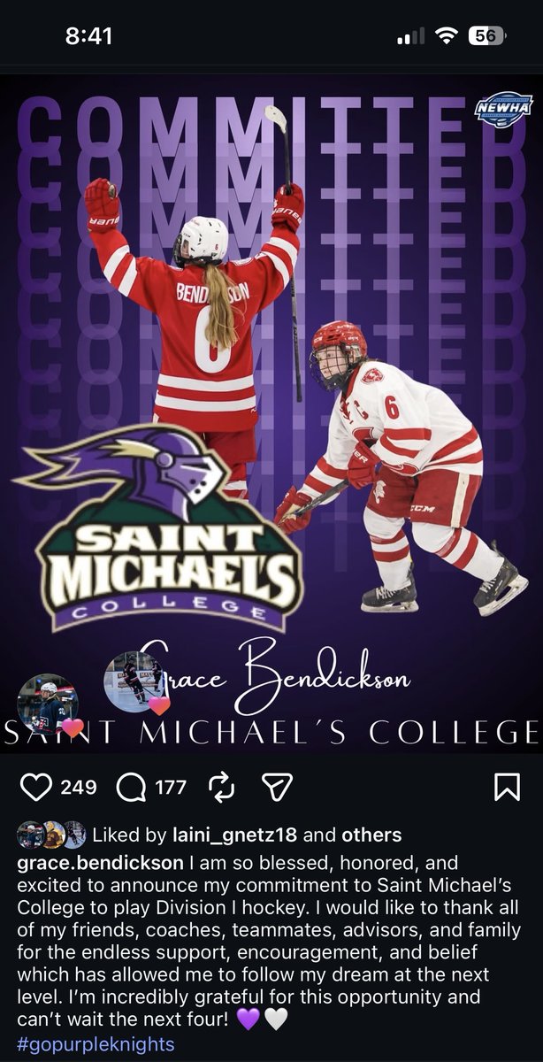 YouthHockeyHub's tweet photo. GHS

Lakeville native Grace Bendickson has committed to Saint Michael's College. 

The SR F had 15pts for Benilde-St. Margaret's in 2025-26 and wore a 'C' for the Red Knights https://t.co/8LWoB4neB8