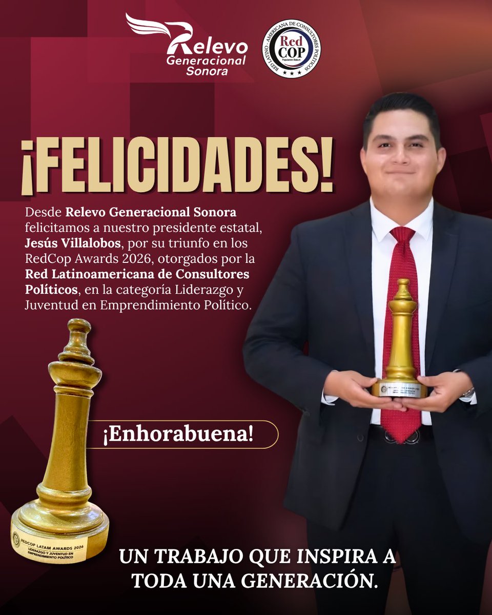 Hoy celebramos un logro que nos llena de orgullo 🙌Felicitamos a nuestro presidente estatal, <a href="/jesusvilla97/">Jesús Villalobos L.</a>, por su triunfo en los RedCop Awards 2026 🏆, otorgados por la Red Latinoamericana
de Consultores Políticos.
¡Ejemplo de liderazgo joven!
#relevogeneracional #sonora