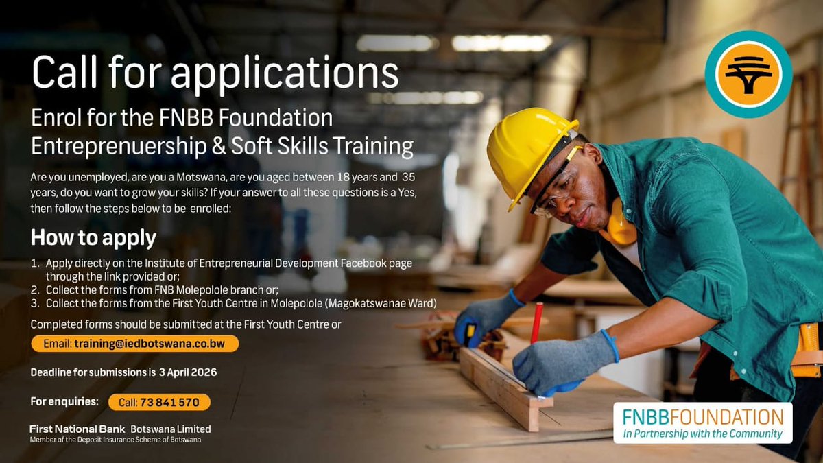theokhumoitsile's tweet image. Highly recommend. I am a product. @FNB_Botswana 🙏 #Ikgaratlhelo #InformalSector #UnemploymentAlertBW #YouthEmpowerment #entrepreneurshiptrack #CareerPath  #FNBFoundation