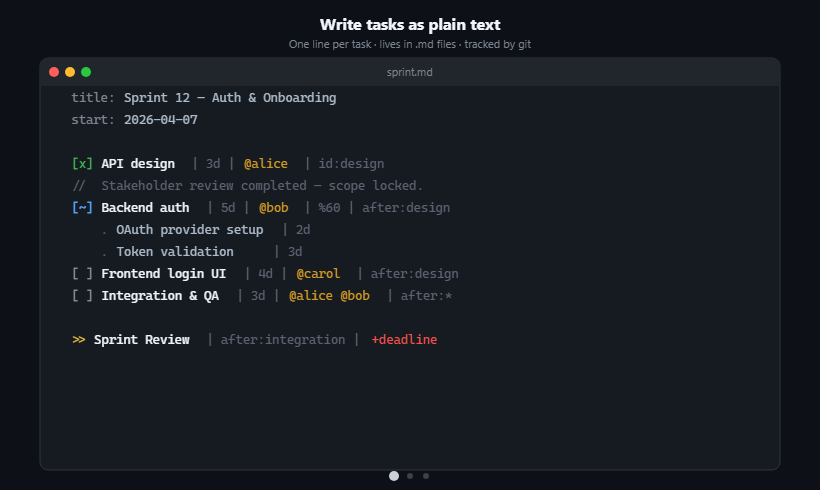 sarkarcode's tweet photo. Just shipped YATT — a plain-text task tracker where your .md files are the database and git is the history.

  Write tasks in Markdown → get a Gantt timeline, Kanban board, and people view in the browser. Commit and push without leaving the UI.

   npm install -g yatt-md
   yatt

  https://t.co/TpxT98gWXm