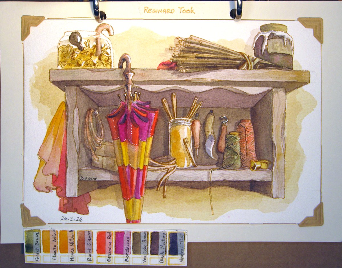 Belvane's tweet photo. Watercolor hobbit shelves, day 3: Reginard Took! Bilbo accused his father of stealing many umbrellas, so in my head-canon the son makes umbrellas as a hobby. Maybe he enjoyed taking them apart to figure how they work when he was a child. https://t.co/lkBvANfEgz