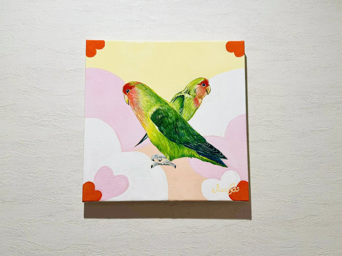 Azusa_369's tweet photo. 🦋作品名：『Our hearts are connected
』🦋

アクリル画
S 4号（333×333mm）

友人のインコちゃんたちをモデルに描かせていただきました🦜💕
離れていても心が繋がって、通じ合っている様子を表しました😌🩷🧡💛

#インコ　#インコの絵　#アート
#art #artworks  #Azusa 
#心の繋がり　#心の通じ合い https://t.co/pg7X3yzbve