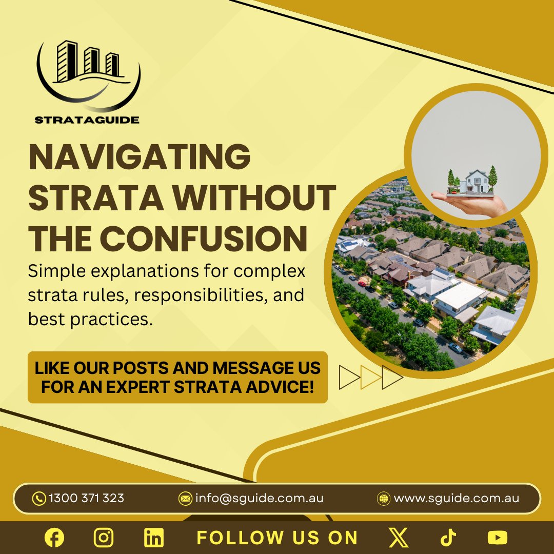 StrataGuide's tweet photo. Strata made simple! Navigate rules, responsibilities &amp; best practices with Strataguide. Clear guidance for committees &amp; residents.

#StrataManagement #StrataTips #CommunityLiving https://t.co/DaN2joS0vB