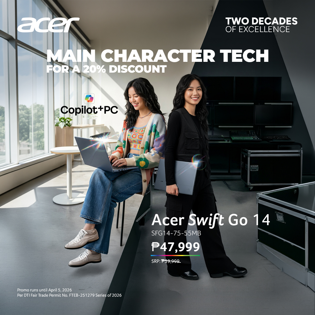 AcerPhils's tweet photo. 🎧 Study. 🚙 Work. ⚡Repeat.

Keep your schedule packed, but your bag light with the #AcerSwiftGo 14. Slay from class to the commute with one sleek laptop that fits your non-stop pace.

Join our celebration of being number 1 with a 20% discount for your hustle! 💪 Make your next stop at Acer Concept Stores, Predator Stores, Acer Online Store (https://t.co/AkI8UhHdcs), Abenson, and Electroworld Stores until April 5, 2026.