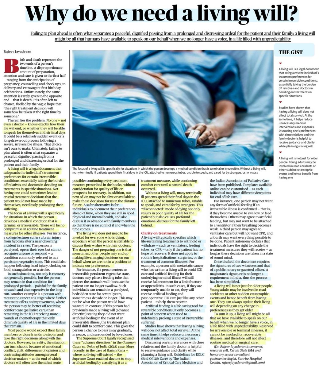 imRavikantYadav's tweet image. Why do we need a living will?

:An informative article by Dr Rajeev Jayadevan 
@RajeevJayadevan

#LivingWill
#Emergency #MedicalTreatment 
#Law

#UPSC

Source: TH