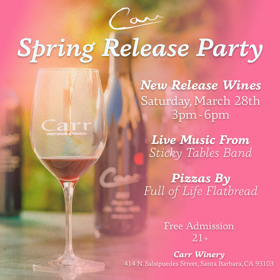 This Saturday, 3.28, we're uncorking the next great vintage of Carr wines!

Sip 6 new releases, enjoy great live music from Sticky Tables, and fantastic pizzas by Full of Life Flatbread 🍷🎸🍕

We'll see you there!

Open to the Public 21+

#carrwinery #springrelease #santabarbara