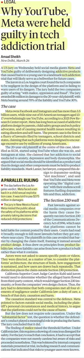 imRavikantYadav's tweet photo. Why Youtube Meta were held guilty in tech addiction trial
:Explained by Ms Amaal Sheikh
@AmaalSheikh5
#USA #Meta #YouTube #TechAddiction
#ProductDesign #ProductLiability
#Malice #SubstantialFactor
#Children #Youth #DigitalAddiction
#UPSC
Source: IE https://t.co/FxSdnTz6Wq